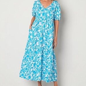 Peyton & Parker 100% Cotton Maxi Floral Blue Dress Cap Sleeve Flowy WomenSize XS